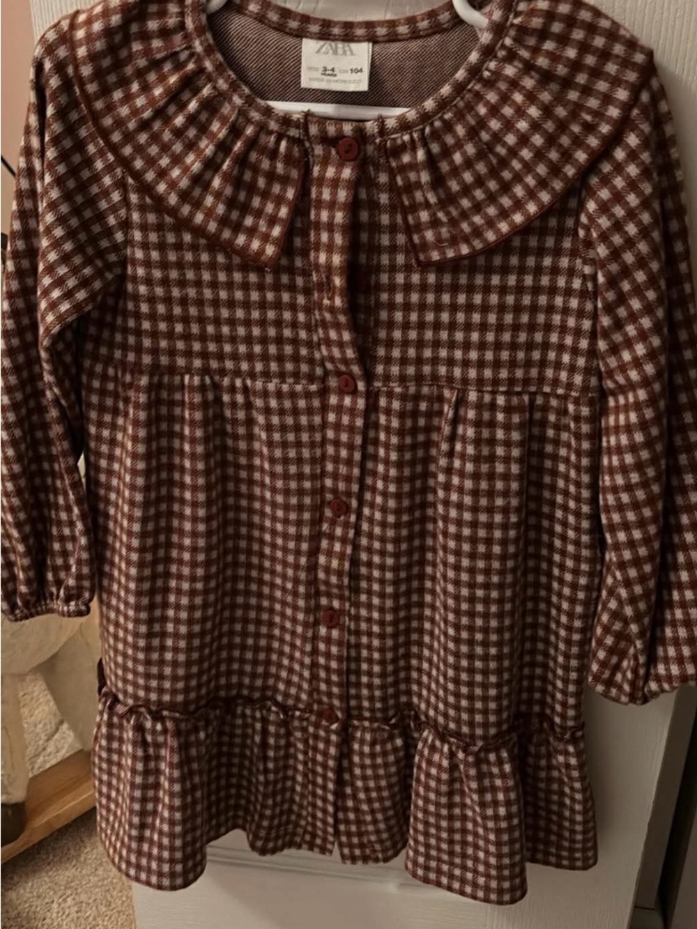 Zara Girls Brown and White Checked Ruffle Hem Dress